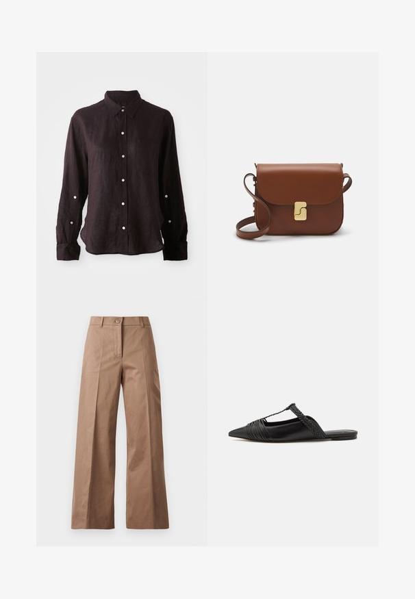 Tume, pika varrukaga särk kerge linast, millel on nööpidega esiosa, terav krae ja üks rinnaempts. Hõbedased nööbid.; Pruunid lai jalgadega püksid, mis on valmistatud siledast kangast, esise nööbiga kinnitusega, kahte esist taskut ja puhtaid, vormitud jooni.; Must kuulsad nahast kandadega kingad, millel on terav nina, koos kootud detaili ja volditud ülaosaga. Lame tald minimaalse riistvaraga.; Pruunist nahast käekott, millel on klapiga sulgur, kuldne riistvara, õlarihm ja sile tekstuur. Kompaktne ristkülikukujuline vorm.