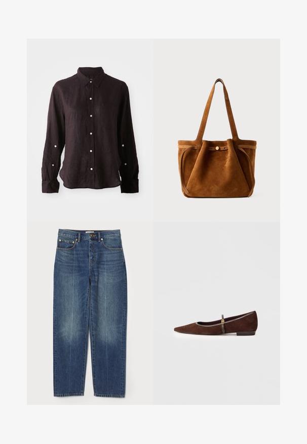 Tumma, pitkähihaisesta kevyestä pellavasta valmistettu paita, jossa on nappikiinnitys edessä, terävä kaulus ja yksi rintatasku. Hopeanväriset napit.; Siniset korkeavyötäröiset suorat farkut, joissa on etu- ja takataskut, vyölenkit, nappisulku ja hienovarainen haalistuminen lahkeissa.; Ruskeat mokkanahkakengät, joissa on kärki, ohut remmi ja kultaiset yksityiskohdat. Kengissä on matala korko ja harmaa reunus.; Ruskea samettinen kantolaukku, jossa on kaksinkertaiset kahvat, nappikiinnitys ja rento, hieman lörpähtänyt muoto.