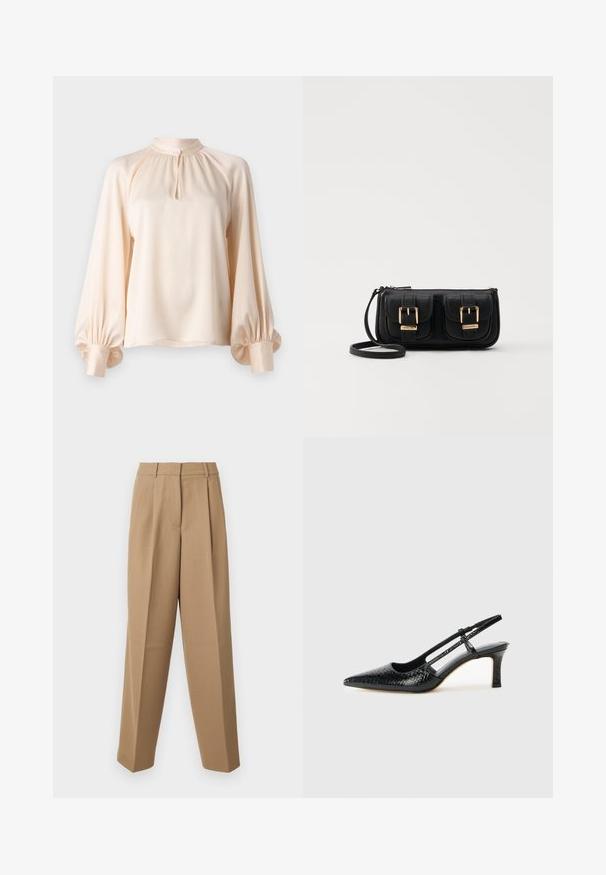 Filippa K STAND COLLAR - Blúz - cream; Beige színű, magas derekú, plissézett elejű és széles szárú, testre szabott nadrág. Az anyag sima tapintású, enyhe fénylő hatással.; Fekete lakk slingback sarok, hegyes orral, texturált kígyómintával, állítható pánttal és rövid, texturált tömbsarkal.; Fekete bőr keresztbody táska két elülső zsebbel, arany csattokkal, cipzáras záródással és vékony pánttal. Textúrált felület és kompakt téglalap alak.
