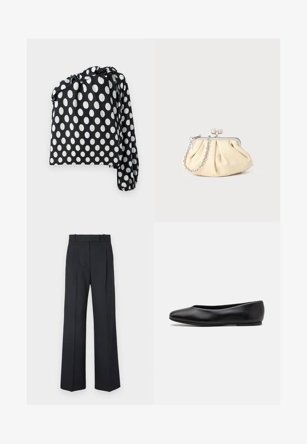Black and white polka dot top with one long sleeve, gathered neckline, and textured fabric. Features large white circles on a black background.; Dark blue pinstriped trousers with a high waist, wide leg design, and no visible hardware or embellishments. Smooth texture and tailored fit.; Paul Smith TOPANGA - Ballet pumps - black; Pleated beige leather clutch with a silver metal frame, featuring two round decorative clasps and a silver chain strap.