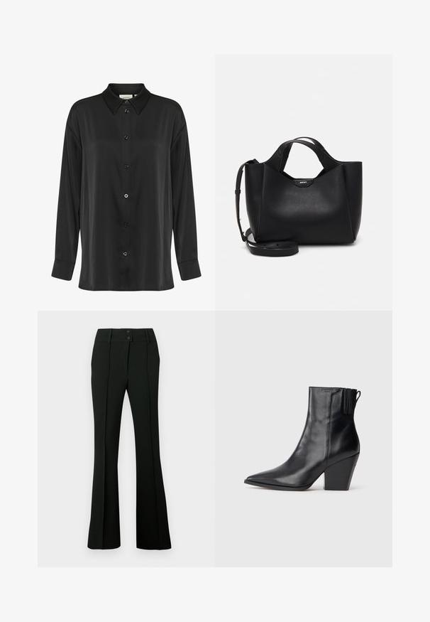 Cămașă neagră cu mâneci lungi, dintr-un material neted, având nasture în față, guler clasic și manșete cu un singur nasture.; Pantaloni negri evazați dintr-un material neted, cu talie înaltă cu doi nasturi și falduri frontale, oferind un aspect croitorit.; Botine din piele neagră cu vârful ascuțit, suprafață texturată și toc grozav înalt. Prezintă un panou elastic lateral pentru o îmbrăcare ușoară.; Geantă de mână din piele neagră cu finisaj texturat, formă unghiulară, două mânere și o curea de umăr reglabilă. Include un accent cu logo-ul DKNY.