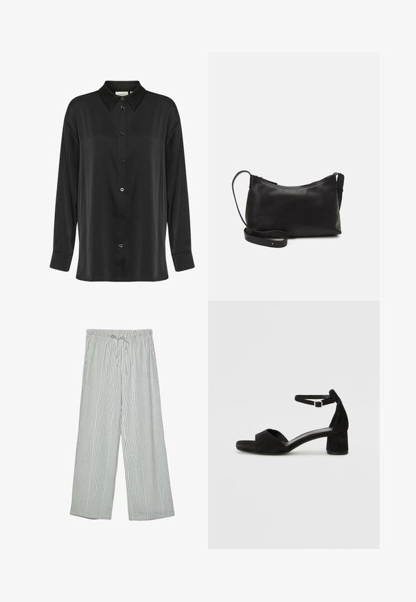 Camicia nera a maniche lunghe realizzata in tessuto liscio, con chiusura a bottoni frontale, colletto classico e polsini a un bottone.; Pantaloni leggeri a gamba larga in un motivo a righe verticali verdi e bianche. Presentano una vita elastica con chiusura a coulisse.; Sandali con tacco in suede nero, con una sottile fascia alla caviglia, design open toe e un discreto tacco a blocco. Texture liscia e decorazioni minime.; Borsa a spalla in pelle nera con una texture liscia, forma curva, tracolla regolabile e chiusura con zip. Design minimalista senza ornamenti.