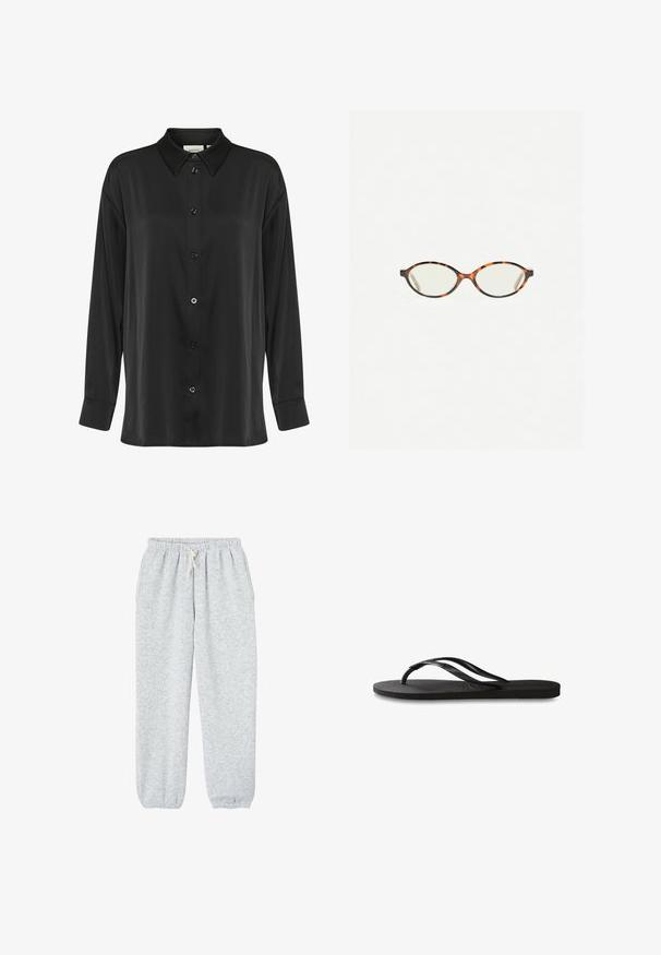 Zwarte langarmshirt van gladde stof, met een knoopsluiting aan de voorkant, klassieke kraag en manchetten met één knoop.; Grijze joggingsbroek van zachte stof, met een elastische tailleband met trekkoord en elastische boorden bij de enkels.; Zwarte flip-flop met een gestructureerde rubberen zool, twee slanke banden en een subtiele, ingedrukte logo-detail op de band.; Kattenoogbril met ovale lenzen en een strakke, gladde afwerking. Heeft dunne zijkanten met een subtiele kromming bij de slapen. Transparante lenzen.