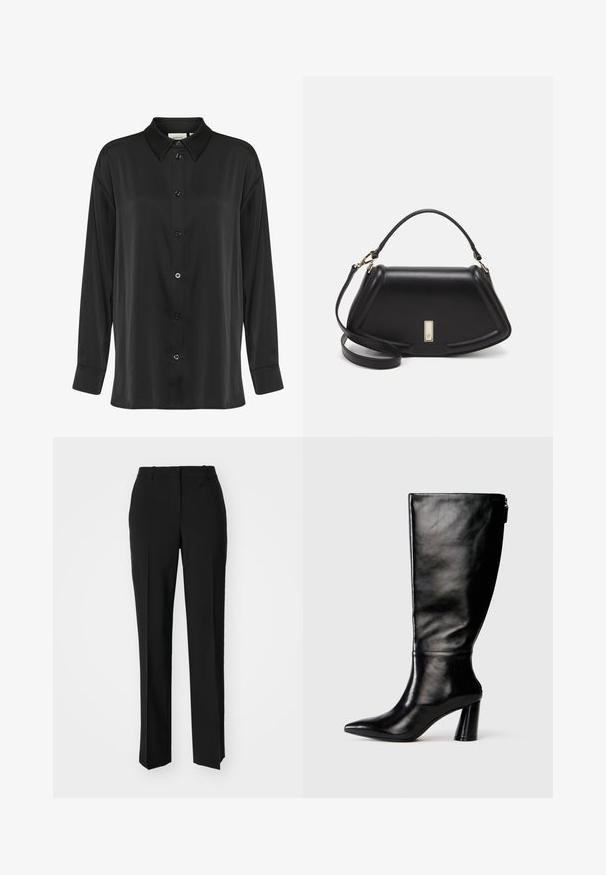Camicia nera a maniche lunghe realizzata in tessuto liscio, con chiusura a bottoni frontale, colletto classico e polsini a un bottone.; Pantaloni neri su misura con un design a gamba dritta, caratterizzati da una texture liscia e pieghe ben definite sul davanti. Senza hardware visibile.; Stivale in pelle nera, alto fino al ginocchio, con punta affusolata, superficie liscia e tacco spesso. Presenta un dettaglio con zip sul retro.; Borsa a mano in pelle nera con un design strutturato, caratterizzata da una forma corta, manico superiore e accessori in metallo dorato. Inclusa tracolla regolabile.