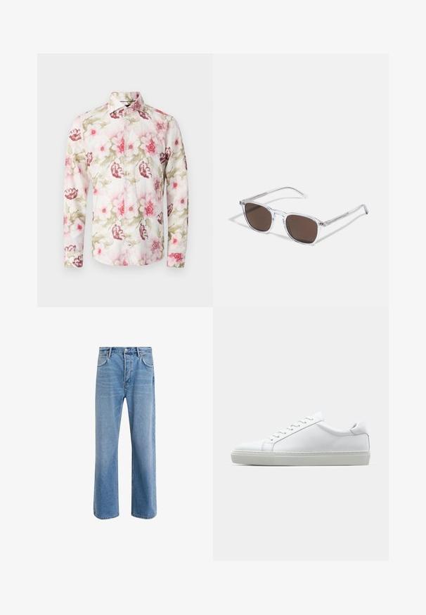 Lilled pika varrukaga särk kerges kangas, millel on roosa ja burgundi lillemuster valgel taustal, koos tavalise krae ja nuppudega.; Heledad sinine teksapüksid otse lõikega, viie taskuga, nupuga sulgemine, minimaalne kulumine ja kontrastsed õmbluse detailid.; Valge tennisetoss, millel on sile nahk pealis ja madal profiil. Omab ümarat ninaosa, kuut silmust ja tekstuuriga kummist talda.; Selged plastist prillid ristkülikukujuliste pruunide läätsedega, millel on õhukesed, läbipaistvad varsud ja metallaktsendid templites.