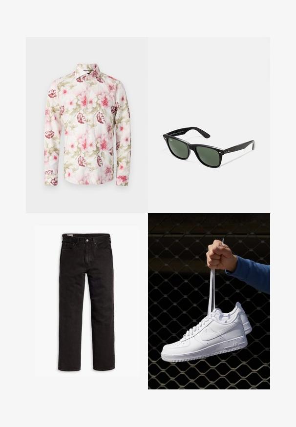 Camisa de manga larga floral en tela ligera, con patrones de flores en tonos rosa y burdeos sobre un fondo blanco, con collar estándar y botones.; Vaqueros de mezclilla negros de pierna recta con cinco bolsillos, cierre de botón y trabillas para cinturón, dispuestos sobre un fondo blanco.; Zapatillas de cuero blanco con perforaciones, punta redonda, suela plana y cordones gruesos, con un logo de swoosh visible y "AIR" en el talón.; Gafas de sol de plástico negro con lentes verdes, montura cuadrada, acento plateado en la ceja y brazos texturizados. Marca indicada en el brazo interno.