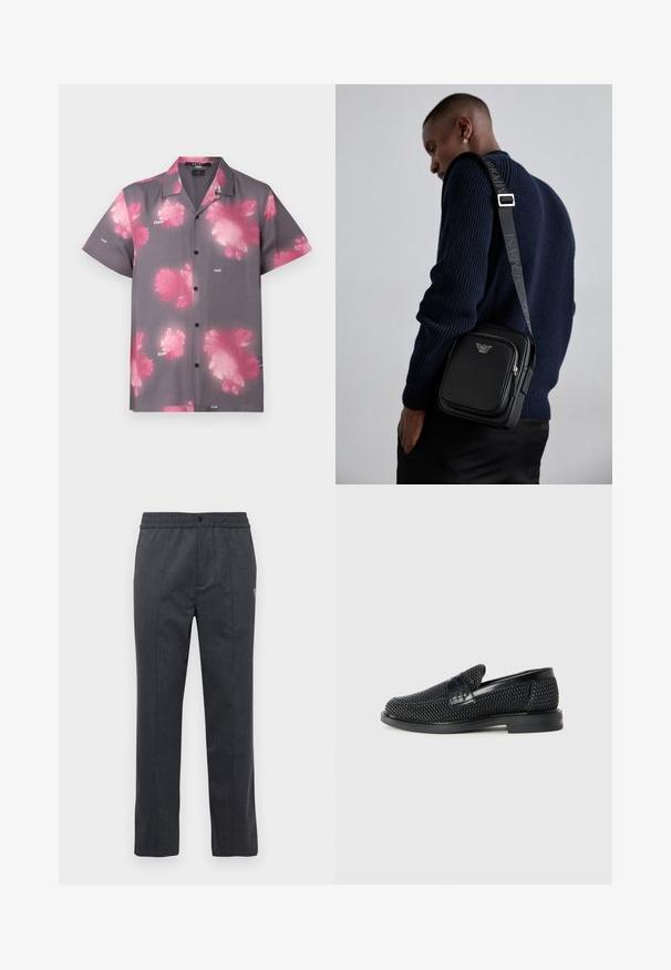 Īsām piedurkņu krekls pelēkā audumā ar lieliem rozā ziedu rakstiem, pogu priekšpuses, un klasisku apkakli. Zīmola etiķete redzama priekšpusē.; Tumši pelēki taisni bikses ar elastīgu jostu, priekšējo podziņu aizdari un smalkām izšūtām detaļām labajā pusē.; Melnas austas slaidu kurpes ar gludu ādas akcentu augšpusē, apaļas formas purngalu un zemas profila gumijas zoli.; Melnas ādas plecu soma ar rāvējslēdzēja nodalījumu, logotipa detaļām un markētu regulējamu siksnu. Valkāta kopā ar teksturētu tumši zilu džemperi.