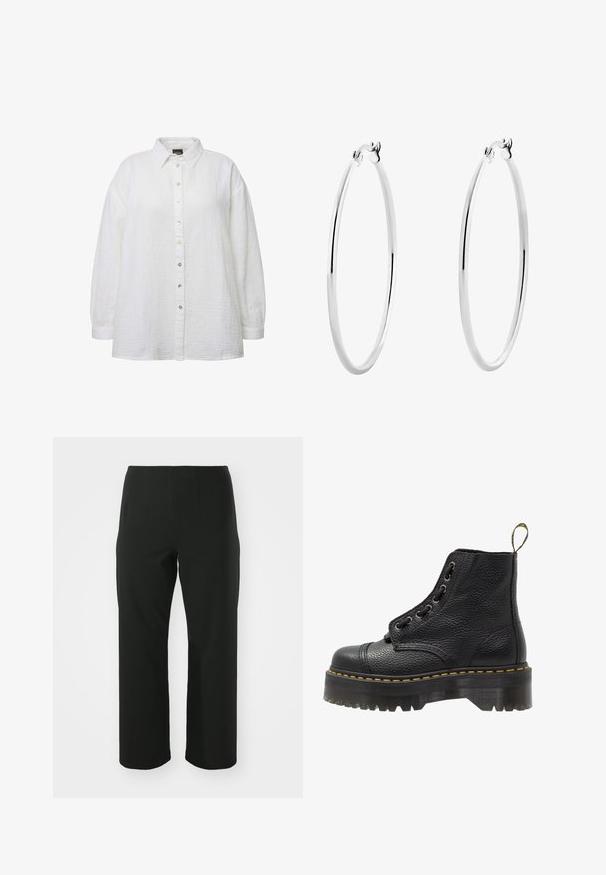 White button-up shirt made of textured fabric, featuring a classic collar, long sleeves, and pearlescent buttons along the front.; Vero Moda Curve VMCAUGUSTA PANT - Trousers - black; Black leather ankle boot with textured surface, round toe, lace-up design, yellow stitching, and a thick, ridged black platform sole.; Silver hoop earrings with a smooth, polished surface and a thin, circular shape. The design features a secure clasp.