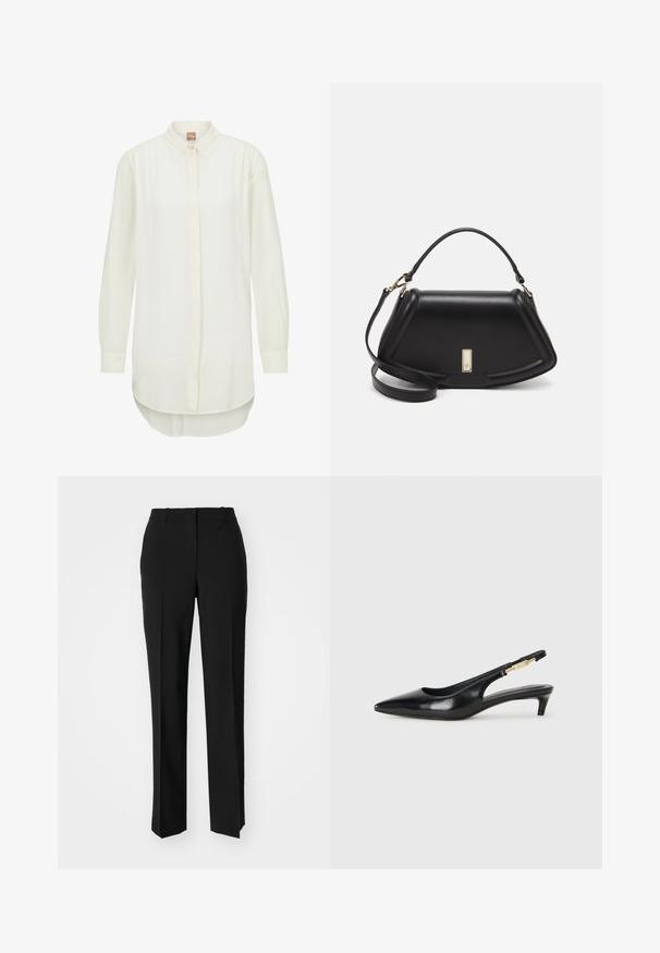 Valge pikkade varrukatega särk, millel on krae, nööbid ees ja veidi kaardus hemline. Sile kangas ja mugav lõige.; Mustad ja sirged püksid, millel on sile tekstuur ja teravad voldid esiosas. Ilma nähtavate detailideta.; Mustad nahast slingback kontsad terava ninaga, millel on õhuke konts ja kuldse tooni aktsent reguleeritaval rihmal. Sile tekstuur.; Must mustrist käekott, millel on struktureeritud disain, lühendatud kuju, ülemine käepide ja kuldne metallist detail. Reguleeritav õlalihm on kaasas.