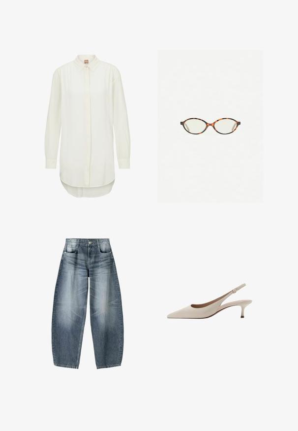 Witte lange mouwen shirt met een kraag, knoopsluiting aan de voorkant en een licht gebogen zoom. Glad materiaal met een ontspannen pasvorm.; Wijd gesneden jeans van lichtblauwe denim met vervaging, met een vijf-pocket ontwerp, knoopsluiting en minimale stikdetails.; Beige slingback hakken met een puntige neus en een lage, uitlopende hak. Gemaakt van glad leer met een minimalistisch ontwerp en een verstelbare band.; Kattenoogbril met ovale lenzen en een strakke, gladde afwerking. Heeft dunne zijkanten met een subtiele kromming bij de slapen. Transparante lenzen.; Een beige leren handtas met een donkere afwerking, een gebogen silhouette, gouden accenten en een afneembare schouderriem, vastgehouden aan de zijkant tegen een donkere outfit.