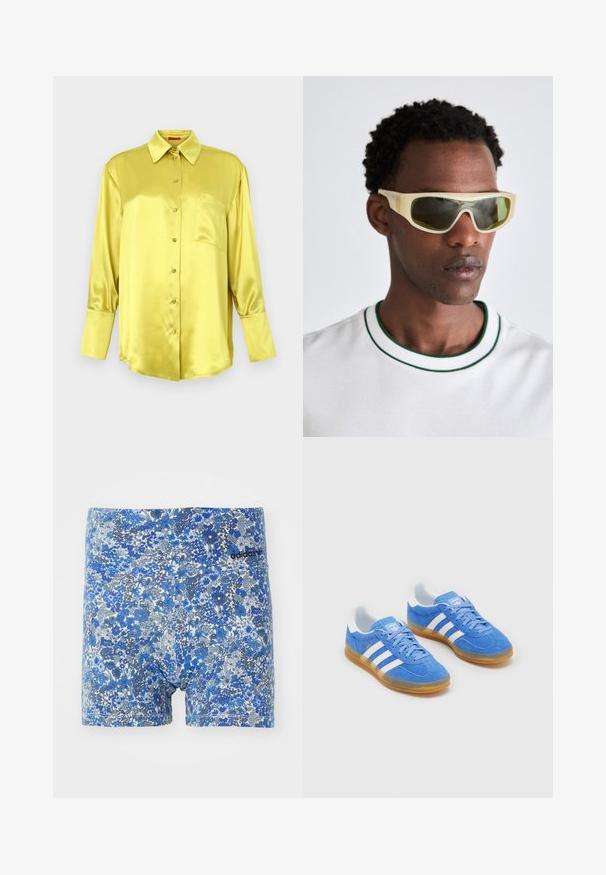 Satin yellow button-up shirt with long sleeves, classic collar, single chest pocket, and button details along the front. Smooth texture.; Blue and white checkered cropped top made of lightweight fabric. Features a scooped neckline, adjustable tie, and gathered textures.; Blue floral print boxer shorts with a blend of shades, featuring a fitted design and an Adidas logo in black on the waistband.; Blue suede sports shoes with white striped accents, rubber sole, and padded collar for comfort. Features classic lace-up design.; Sunglasses with a translucent yellow frame and green-tinted lenses. Angular design with wide temples, worn with a white shirt featuring green accents.