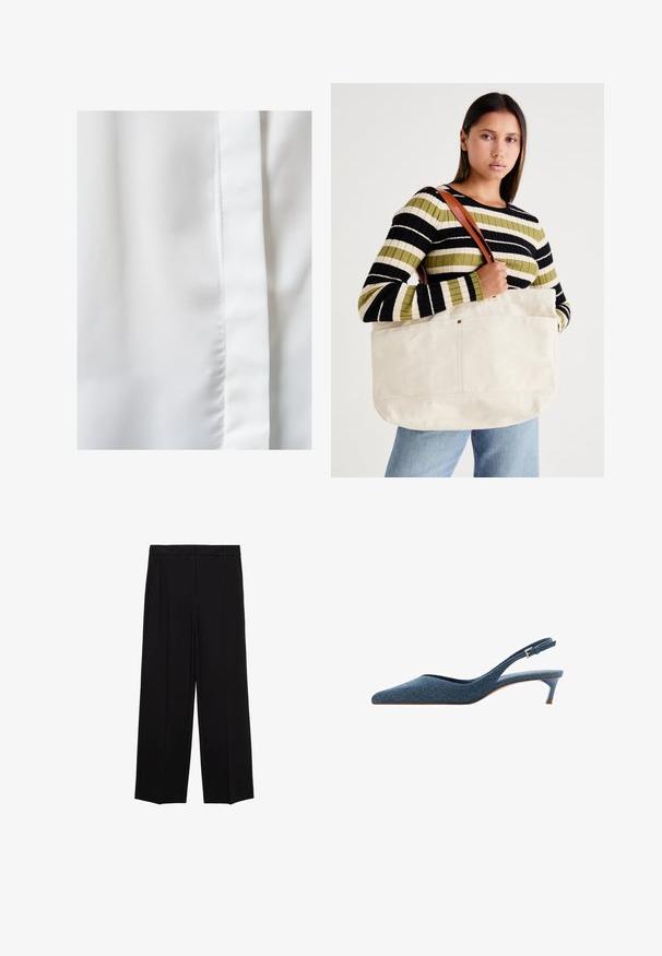 Witte stof met een gladde, zijden textuur, met een subtiele glans en een verticale naaddetail aan de rechterrand.; Zwarte wijde broek van een gladde stof, met plooien aan de voorkant en zijzakken, ontworpen met een rechte, relaxte snit.; Denim slingback hakken met een spitse neus en een lage, slanke hak. Kenmerkt zich door een gestructureerde stof in donkerblauw en een slank, gestroomlijnd ontwerp.; Grote beige canvas draagtasje met bruine leren hengsels, met een minimalistisch ontwerp en zichtbare stikaccenten.