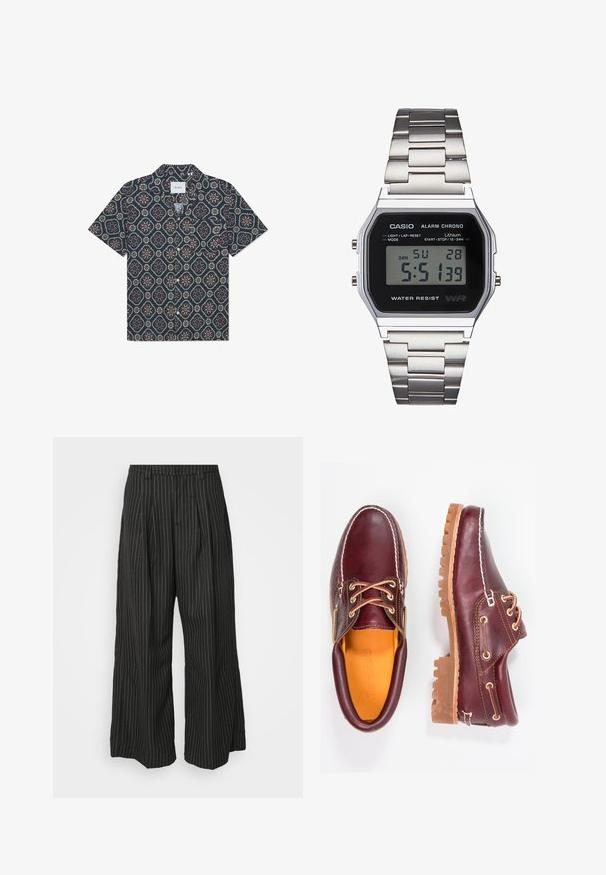 Short-sleeve shirt featuring a dark blue fabric with a geometric floral pattern in vibrant colors, a button-up front, and a relaxed collar.; Black pinstriped wide-leg trousers with pleats, featuring a tailored design and a soft texture. No visible hardware or accents.; Burgundy leather shoes with brown rubber soles, round toe, white stitching, and gold eyelets. Interior features a yellow lining.; Digital Casio watch with a black face, silver stainless steel band, rectangular case, and buttons for light, lap-reset, and mode adjustments.