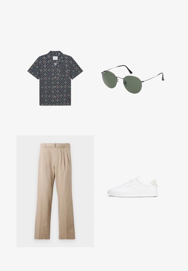 Camisa de manga corta con una tela azul oscura y un patrón geométrico floral en colores vibrantes, con un cierre frontal de botones y un cuello relajado.; Pantalones anchos beige, hechos de una suave mezcla de algodón, con pliegues frontales, una cintura cosida y un cinturón con hebilla de metal.; Zapatilla blanca con parte superior de cuero liso, punta redonda, suela plana y diseño minimalista. Presenta un logotipo sutil y un acento beige en el talón.; Gafas de sol con marco de metal y lentes ovalados verdes. Marco delgado de metal plateado y puntas de las orejas negras. Diseño minimalista, sin logotipos visibles.