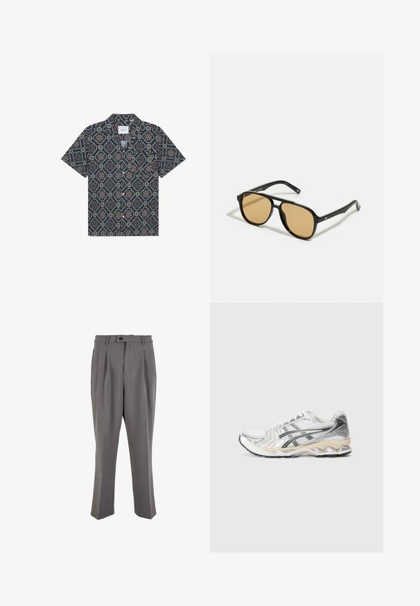 Kratka majica s kratkimi rokavi, izdelana iz temno modrega blaga z geometrijskim cvetličnim vzorcem v živahnih barvah, z gumbnim zapiranjem spredaj in sproščenim ovratnikom.; Sive plisirane hlače iz gladkega materiala, s pravim krojem, enim gumbom za zapiranje in zankami za pas. Minimalističen dizajn.; Bela atletska obuća s srebrnimi in črnimiDetajli, mrežast zgornji del, teksturiran dizajn, oblazinjen podplat in prilagodljiv profil profila.; Črne sončne očala z rjavim odtenkom leč; pravokotna oblika s širokim okvirjem, vključno z diskretno kovinsko dekoracijo na obeh strani.; Črna torba iz platna z dvema dolgima ročajema, izdelana iz gladkega materiala. Ima sprednji žep in minimalističen dizajn. Brez vidnih kovinskih delov ali vzorcev.; Digitalna Casio ura z črnim številčnico, srebrnim nerjavečim jeklenim paščkom, pravokotnim ohišjem in gumbi za svetlobo, ponastavitev kroga in prilagoditve načina.
