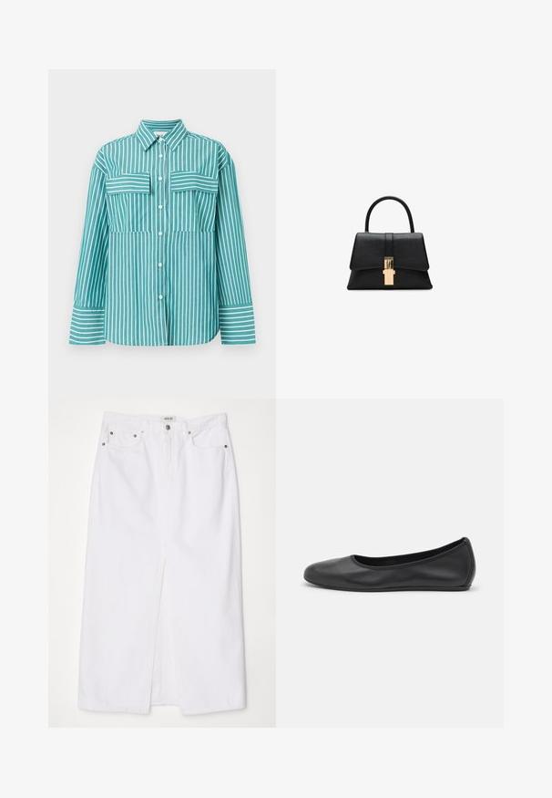 Turquoise button-up shirt with vertical white stripes. Features two chest pockets, a classic collar, and long sleeves with striped cuffs.; White denim skirt featuring a front slit, five-pocket design, metal button and zipper closure, and stitched hem details.; Black leather ballet flat with a rounded toe, smooth texture, minimal stitching detail, and a flexible sole design.; Black structured handbag with a smooth texture, a single top handle, and a gold-tone clasp detail at the front. Minimalist design.