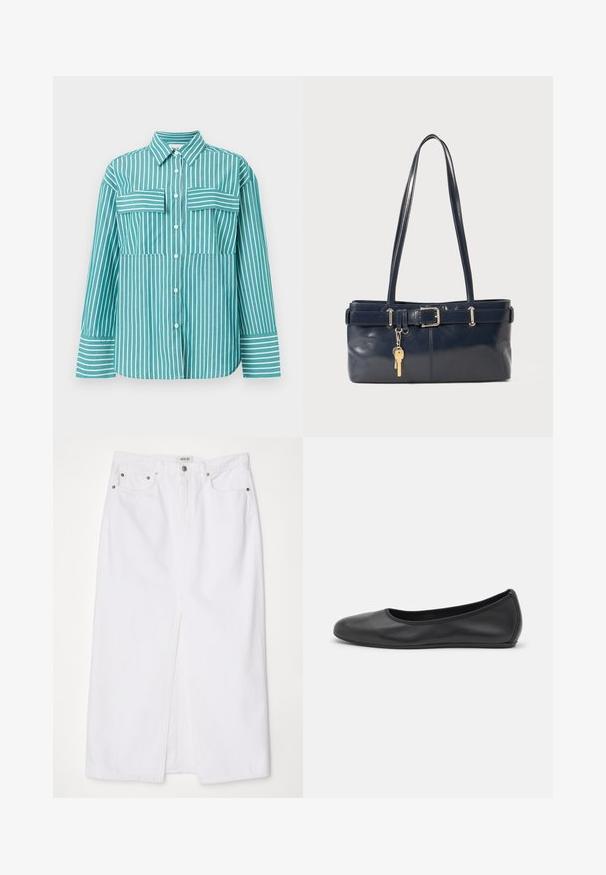 Törökzöld ing, függőleges fehér csíkkal. Két mellzsebbel, klasszikus gallérral és hosszú ujjakkal rendelkezik, csíkos mandzsettával.; Fehér farmerruha, elülső hasítékkal, öt zsebbel, fémből készült gombbal és cipzárral, valamint steppelt szegés részletekkel.; Fekete bőr balettcipő lekerekített orral, sima tekstúrával, minimális varrással és rugalmas talp kialakítással.; Sötétkék bőr kézitáska két hosszú fogantyúval, csattal díszítve és kulcstartóval. Simává polírozott textúrával és téglalap alakú dizájnnal rendelkezik.