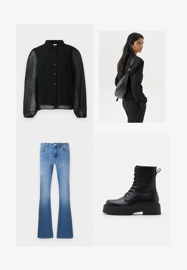 Must mustang, mis ja on tahke keha tekstuuriga punktidega ja läbipaistvad puhvseetid. Esamine nööbiga sulgemine, ümmargune kaelus ja äärestatud varrukad.; Heled sinised laiad teksad, millel on kulunud viimistlus, esipaneelil nööp ja tõmblukk, viie taskuga kujundus ja nähtavad õmblused.; Mustad mustad nahast pahkluu saapad ümarate varvastega, nööridega esiosas ja paksu kummist talla ning tekstuuritud mustriga. Tagumine tõmbeaas.; Pikkade tumehaired naine mustas ülikonnas, kandes musta nahast õlakotti, vaatab üle õla valge tausta taustal.; Hõbedased rõngastikkaehingad minimalistlikus disainis. Ümar kuju, sile tekstuur ja õhuke profiil. Kerged ning poleeritud viimistlusega.