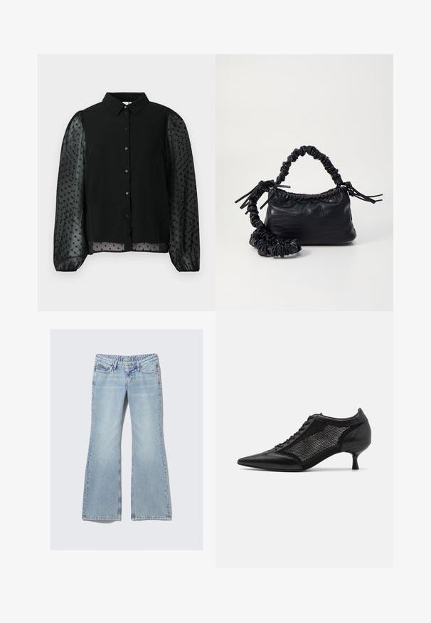 Blusa negra con un cuerpo liso decorado con puntos texturizados y mangas de globo transparentes. Cierre de botones en la parte delantera, diseño de cuello redondo y mangas rematadas.; Weekday NOVA - Vaqueros slim fit - lip blue; Zapato negro de punta afilada con un diseño de panel de malla, que presenta un tacón bajo y cordones en la parte delantera. Está fabricado con una combinación de cuero y material de malla.; Bolso de mano de imitación cuero negro con textura de cocodrilo, parte superior fruncida y correa arrugada. Presenta un diseño suave y compacto.