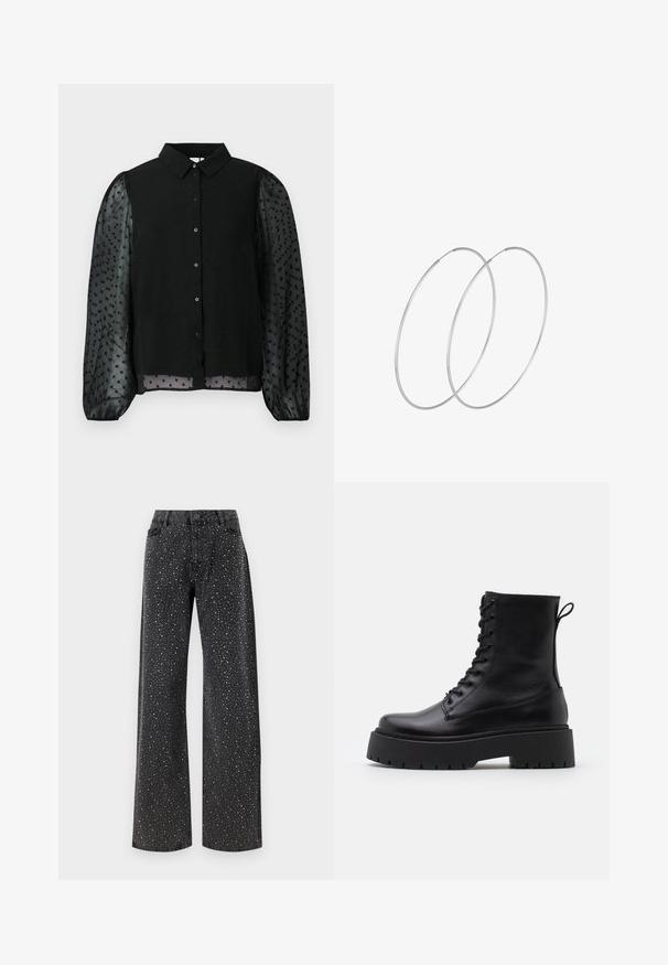 Svart blus med ett enfärgat liv med strukturerade prickar och genomskinliga puffärmar. Knäppning fram, rund krage och fållade ärmar.; Noisy May NMJANNEL LOOSE - Jeans relaxed fit - black denim; Svarta läderankelboots med rund tå, snörning framtill och en tjock gummisula med strukturerat mönster. Dragflik bak.; Silverfärgade hoopörhängen med en minimalistisk design. Cirkulär form, slät yta och tunn profil. Lätta med en polerad finish.