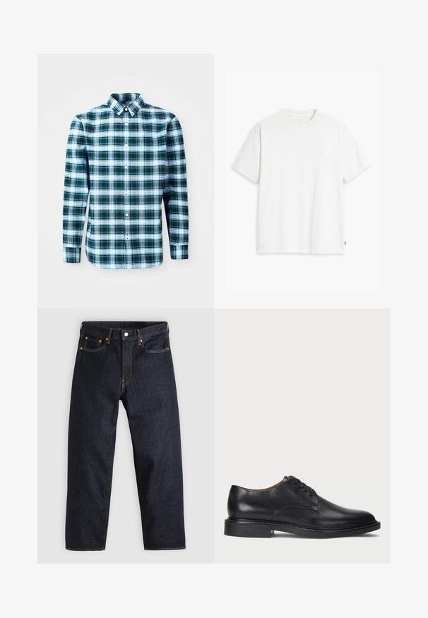 Camisa de manga longa em xadrez verde e branco com colarinho abotoado e botões na frente. Feita de um tecido leve, com um design estruturado.; T-shirt de algodão branco com mangas curtas, decote redondo e logo discreto da Levi's impresso no centro. Tecido macio e ajuste padrão.; Jeans de denim azul-escuro com corte reto, cinco bolsos, costura laranja em contraste e fecho de botão. Sem padrões ou adornos visíveis.; Sapato de vestido em couro preto com bico redondo, design com atacadores e um salto baixo empilhado. Textura suave com detalhes de costura mínimos.