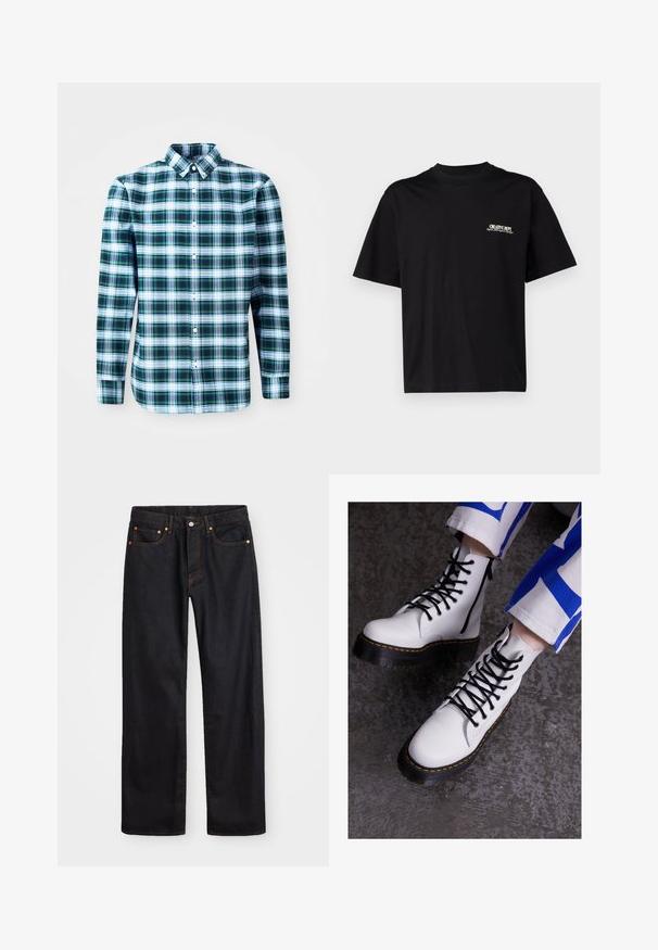 Camicetta a maniche lunghe a quadri verdi e bianchi con colletto button-down e bottoni frontali. Realizzata in tessuto leggero, presenta un design strutturato.; T-shirt in cotone nero con maniche corte, scollatura rotonda e stampa in bianco e oro sulla parte sinistra del petto, caratterizzata da una vestibilità rilassata.; Jeans neri in denim dritto da uomo con cinque tasche e cuciture arancioni, chiusura con bottone e zip sulla vita anteriore.; Stivali alla caviglia bianchi in pelle con lacci neri, una cerniera sul lato e una suola spessa nera con dettagli di cucitura gialla.