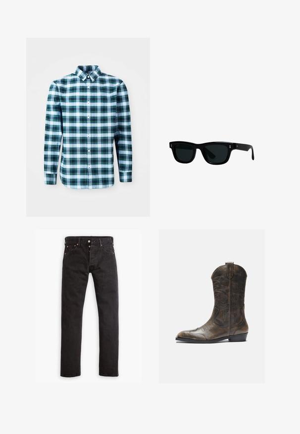 Grün-weiße karierte Langarmbluse mit klassischem Kragen und Knöpfen an der Vorderseite. Aus leichtem Stoff gefertigt, mit einem strukturierten Design.; Schwarze Slim-Fit-Jeans mit Knopfverschluss, fünf Taschen und kupferfarbenen Nieten flach auf einem weißen Hintergrund ausgelegt.; Braune Leder-Cowboystiefel mit hohem Schaft, spitzem Zehenbereich, aufwendigen Stickmustern und kleinem Absatz. Strukturierte Oberflächenbeschaffenheit.; Schwarze Sonnenbrille mit quadratischen Rahmen, dunklen Gläsern und glattem Kunststoffmaterial. Sie verfügt über kleine, runde Akzente auf der Vorderseite und schlanke Bügel.; Silberner Edelstahl-Uhren mit einem runden weißen Zifferblatt, schwarzem Tachymeter-Lünette, grünen Akzenten und einem Metallband.