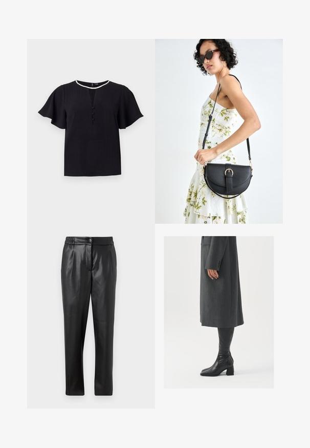 Črna majica s kratkimi rokavi iz teksturiranega materiala, zaobljenim izrezom in tremi gumbi spredaj. Obrobena z kontrastno belo robom.; Črne usnjene hlače z gladko teksturo, ravnim krojem, elastičnim pasom in sprednjim gumbom; nagubani detajli in zoženi nogi.; Siv prešita zimska plašča ravnega kroja; obuta z visokimi črnimi usnjenimi škornji, ki imajo kvadratni nos in debel pet.; Črna usnjena torbica s ukrivljeno obliko, z odstranljivo naramnico in zlatimi dodatki. Torbica ima pokrov s podrobnostmi v obliki zaponke.