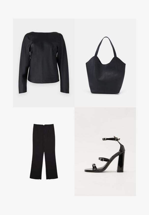 Černé dlouhé rukávyTop vyrobený z hladkého materiálu, s rovnou siluetou a širokým, zaobleným výstřihem s minimálním zdobením.; Černé kalhoty s rovným střihem, s předními kapsami a bočními rozparky na lemu. Vyrobené z jemné, hladké tkaniny. Vhodné na různé příležitosti.; Černé lakované sandály na podpatku se čtveratou špičkou, lýtkovými pásky a stříbrnými přezkami. Disponují masivním blokovým podpatkem pro stabilitu.; Černá taška přes rameno vyrobená z hladké kůže, s zakřiveným, otevřeným vrchem a dvěma ramenními popruhy, s minimalistickým designem.