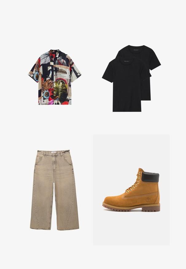 Korteærmet skjorte med knapper, prydet med et multikolor collagemønster, der inkluderer forskellige mønstre, palmeblade og teksturer på et let stof.; To sorte bomulds t-shirts med korte ærmer, rund halsudskæring og en glat tekstur, vist stablet sammen.; PULL&BEAR MEGA BAGGY - Baggy jeans - light grey; Tan nubuck ankelstøvle med sort polstret krave, gyldne metaløjer, hvid syning detaljer og robust gummisål med udtalte slidbaner.