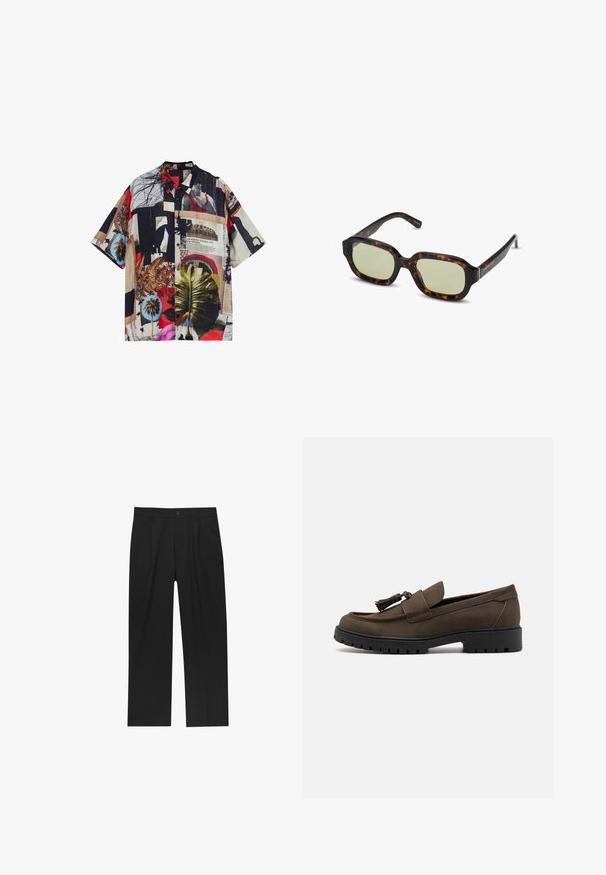 Korte mouwen overhemd met een multicolore collageprint, met verschillende patronen, palmbladeren en texturen op een lichtgewicht stof.; Zwarte t-shirt met korte mouwen van katoen. Ronde halslijn, losse pasvorm, gladde textuur en zonder zichtbare patronen of grafische elementen.; Zwarte broeken met een recht model, gemaakt van een gladde stof. Voorzien van een voorplooien en een enkele knoopsluiting bij de taille.; Bruine suède instappers met een gladde bovenkant, ronde neus en decoratieve kwast. Beschikken over een robuuste zwarte rubberen zool voor grip.; schildpadbril met groengetinte lenzen, rechthoekige vorm, brede monturen en een gladde afwerking. Accenten op de slaap.