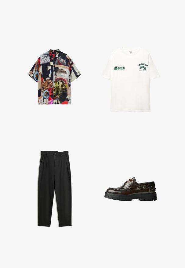 Camicia a maniche corte con bottoni, stampata con un collage multicolore, caratterizzata da vari motivi, foglie di palma e texture su un tessuto leggero.; T-shirt bianca di cotone con maniche corte. Il testo verde recita "FOUR FIVE SIX" e "오징어 게임," insieme a una grafica di figure in corsa.; Pantaloni in cotone neri con una vestibilità rilassata, dotati di una vita classica, pieghe frontali e tasche laterali. Tessuto liscio senza fantasie.; Scarpa da barca in pelle marrone con suola in gomma, dotata di dettagli di cucitura, occhielli metallici e design con lacci. Costruzione robusta e leggera.