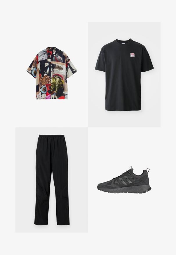 Košeľa s krátkym rukávom, so zapínaním na gombíky, s viacfarebnou kolážou, ktorá zobrazuje rôzne vzory, palmové listy a textúry na ľahkej tkanine.; Čierne bavlnené tričko s krátkymi rukávmi a okrúhlym výstrihom, s malou farebnou nálepkou na ľavej hrudi s nápisom "SUPERIOR."; Čierne nylonové nohavice s elastickým pásom, s ľahkým textúrovaným povrchom a akcentmi na švoch pre moderný dizajn.; Čierne atletické topánky s hornou časťou z mäkkého a sieťovaného materiálu, textúrovanou gumovou podrážkou, polstrovaným golierom a charakteristickým trikrát pruhovaným dizajnom v sivej farbe.