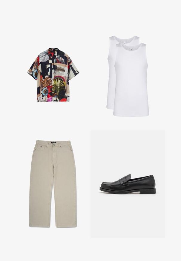 Lyhythihainen nappipaitapusero, jossa on monivärinen kollaasipainatus, joka sisältää erilaisia kuvioita, palmunlehtiä ja tekstuureja kevyessä kankaassa.; Valkoiset puuvillaiset hihattomat topit, pyöreä pääntie, yksinkertainen kuvio, pehmeä ja kevyt kangas. Kaksi kappaletta esillä.; Beige, suorat housut, jotka on valmistettu puuvillasta. Ominaisuuksiin kuuluvat kaksi etutaskua ja pieni takatasku. Kaksoisommellut saumat parantavat kestävyttä.; Musta nahkakengät, joissa on tyylikäs muotoilu, pyöreä varvas, ommellut yksityiskohdat ja matala lohkokorko. Liukastettu pinta ja minimaliset yksityiskohdat.