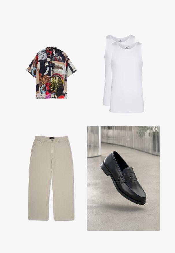 Košeľa s krátkym rukávom, so zapínaním na gombíky, s viacfarebnou kolážou, ktorá zobrazuje rôzne vzory, palmové listy a textúry na ľahkej tkanine.; Biele bavlnené tielka, bezrukávový dizajn, okrúhly výstrih, hladká textúra, vyrobené z jemnej a ľahkej látky. Zobrazené sú dva kusy.; Béžové nohavice s rovnými nohavicami vyrobené z bavlny. Obsahujú dve predné vrecká a malé zadné vrecko. Dvojité švy zvyšujú odolnosť.; Čierna kožená mokasína s hladkou textúrou, špicatou špičkou a ozdobným remienkom cez priehlavok. Ľahká podrážka, minimalistický dizajn.