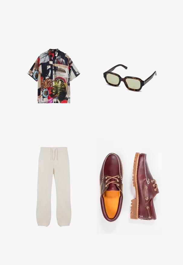 Korteærmet skjorte med knapper, prydet med et multikolor collagemønster, der inkluderer forskellige mønstre, palmeblade og teksturer på et let stof.; Lyse beige linned bukser med elastisk talje og snor. Lige ben-design med en glat tekstur og let indsnævring ved anklerne.; Bordeaux lædersko med brune gummisåler, rund tå, hvid syning og gyldne snøringer. Indersiden har et gult for.; Skildpaddemønstrede solbriller med grøntonerede linser, rektangulær form, brede stænger og glat overflade. Accenter på stængerne.