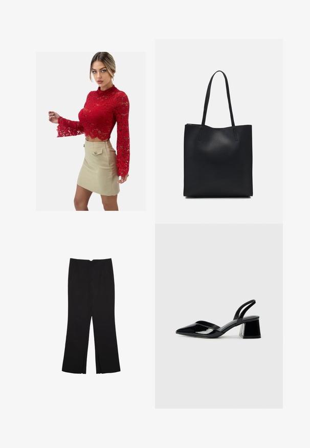 Rote Spitzen-Crop-Top mit langen Ärmeln, floralem Muster und ausgestellten Manschetten, kombiniert mit einem figurbetonten beigen Minirock mit Fronttaschen und Knopfdetail.; Schwarze Hose mit geradem Schnitt, ausgestattet mit Fronttaschen und Seitenschlitzen am Saum. Hergestellt aus weichem, glattem Stoff. Geeignet für verschiedene Anlässe.; Schwarze Lackleder-Slingback-High Heels mit spitzem Schuh und einem geometrischen Blockabsatz. Verfügt über ein schlankes, minimalistisches Design und eine glatte Textur.; Schwarze Laptoptasche aus Leder mit glatter Textur, rechteckiger Form und zwei langen Griffen. Keine sichtbaren Beschläge oder Verzierungen.