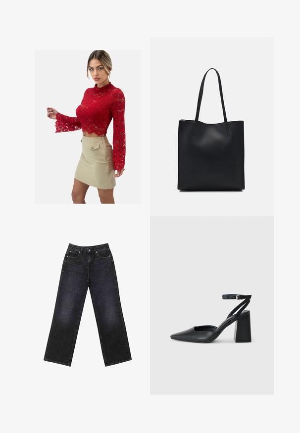 Rød blondetop med lange ærmer og blomsterprint, samt flared ærmer, parret med en tætsiddende beige mini-nederdel med frontlommer og knapdetalje.; Højtaljede sorte denim jeans med en bred benklip, fem-lomme design og synlig syning. Stoffet har en glat, let tekstureret finish.; Sort læder spidse pumps med ankelrem og en chunky hæl. Flad tekstur, slankt design og minimalistisk æstetik.; Sort læder tote taske med glat tekstur, rektangulær form og to lange hanke. Ingen synlig hardware eller udsmykninger.