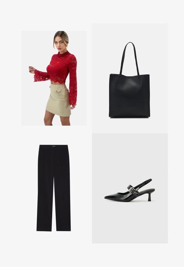 Top de encaje rojo de manga larga con patrón floral y puños con volantes, combinado con una falda beige de cintura alta con dos bolsillos delanteros.; Pantalones de pana negra con corte recto, que cuentan con una cinturilla plana y sin bolsillos visibles, textura suave y detalle de acolchado vertical.; Zapatos de tacón en charol negro con tira al tobillo, punta afilada y un pequeño tacón bloque, que cuentan con un acento de hebilla plateada en la correa.; Bolso tote de cuero negro con textura lisa, forma rectangular y dos asas largas. Sin herrajes ni adornos visibles.