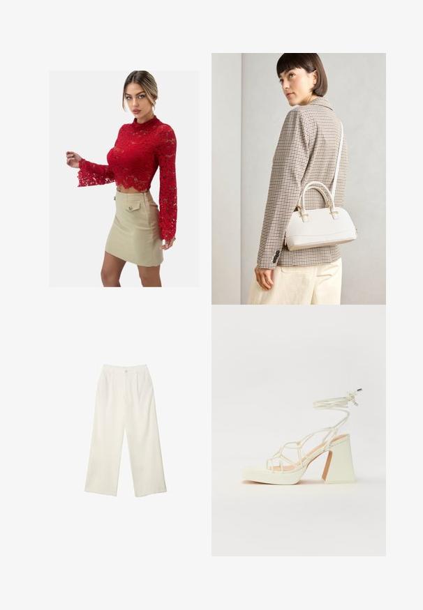 Top rosso in pizzo a maniche lunghe con motivo floreale e polsini arricciati, abbinato a una gonna beige a vita alta con due tasche frontali.; Pantaloni a gamba larga in tessuto crema con una texture liscia, caratterizzati da un singolo bottone frontale, pieghe sottili e un design a vita alta.; Sandalo bianco con tacco alto, caratterizzato da un design a cinturini e un legaccio alla caviglia. Texture liscia con una piattaforma frontale per un'altezza aggiuntiva.; Borsa a mano bianca strutturata con manici corti e tracolla, dotata di dettagli in metallo dorato e materiale testurizzato, esposta su uno sfondo grigio.