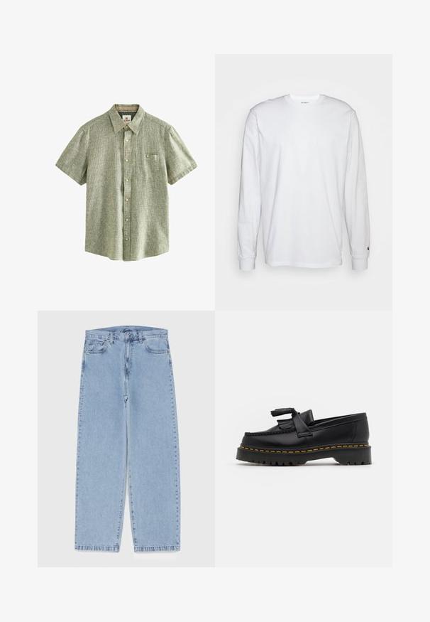 Next SHORT SLEEVE - Chemise - green; T-shirt blanc à manches longues en coton. Design à col rond avec des poignets côtelés et un petit logo sur la manche gauche. Texture lisse.; Jean en denim bleu clair avec une coupe droite, présentant une taille mi-haute, cinq poches, et une fermeture à bouton et à fermeture éclair.; Mocassin en cuir noir avec un accent à frange, doté d'une semelle épaisse noire et d'une couture jaune le long du bord. Fini texturé.