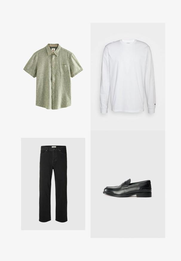 Next SHORT SLEEVE - Košile - green; Bílá dlouhá tričko s dlouhými rukávy vyrobené z bavlny. Design s kulatým výstřihem, žebrované manžety a malé logo na levém rukávu. Hladká textura.; Černé džíny rovného střihu mají klasický design se pěti kapsami, zapínání na knoflík, minimální švy a jemnou texturu.; Černé kožené mokasíny s hladkým povrchem, prošívanými detaily na svršku a mírně zvýšeným podpatkem.