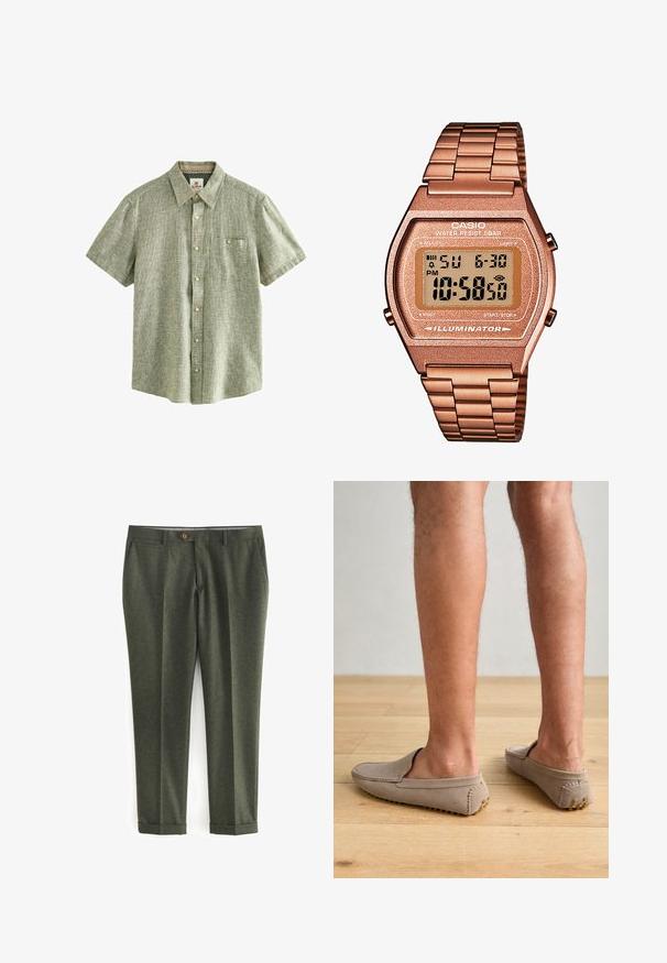 Next SHORT SLEEVE  - Camicia - green; Pantaloni verde scuro realizzati in tessuto testurizzato, con tasche laterali, chiusura frontale a bottone e risvolti per un look sartoriale.; Scarpe beige in suede senza lacci con punta arrotondata e cuciture decorative, dotate di suole in gomma testurizzata con piccoli accenti dorati.; Orologio digitale Casio con cinturino in metallo rosa dorato, cassa rettangolare, display illuminato e resistenza all'acqua, che mostra l'ora e la data.