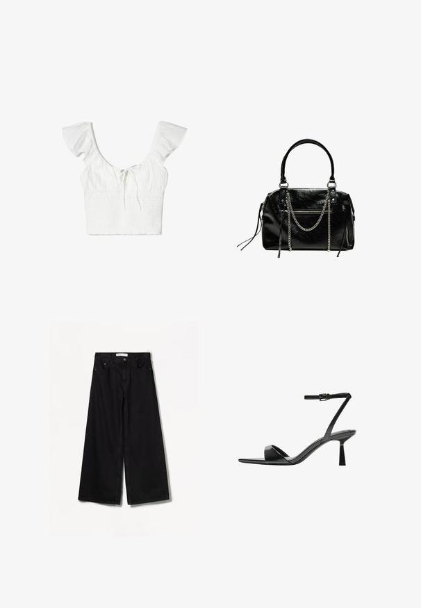 Top corto bianco con maniche corte e volant, scollo quadrato e dettaglio con fiocco sul davanti. Il tessuto è morbido con una finitura arricciata strutturata.; Bershka WIDE-LEG - Wide Leg - black; Bershka Sandali con tacco - black; Bershka WITH CHAIN - Borsa a mano - black
