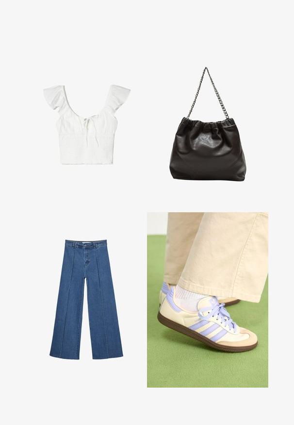 Vit cropped topp med korta volangärmar, fyrkantig halsringning och en knytdetalj fram. Tyget är mjukt med en texturerad smockfinish.; Vidbenade denimjeans i medelblått, med hög midja, knäppning och kontrasterande vertikala sömdetaljer längst fram.; Krämfärgade och lavendelfärgade sneakers med tre ränder och en texturerad brun sula, med snören och en vadderad häl. Mjuk tygobero.; Brun läderväska med rynkad topp och kedjesnodd. Slät textur med en blankslipad yta och subtila sömdetaljer på sidorna.