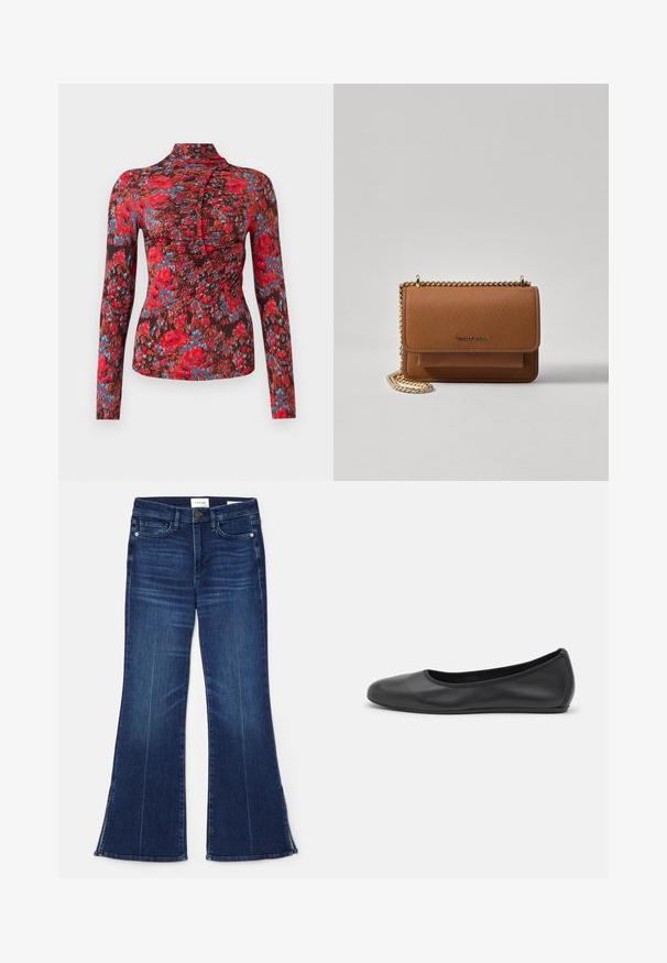 Dlhý rukáv top z mäkkej tkaniny s živým červeným, modrým a hnedým kvetinovým vzorom. Vysoký golier s naťahovacím dizajnom pozdĺž prednej strany.; Tmavomodré rozšírené džínsy vyrobené z denimu. Majú vysoký pás, predné vrecká a rozparky na spodnom okraji. Klasický dizajn s piatimi vreckami.; Čierne kožené baleríny s okrúhlou špičkou, hladkým povrchom, minimálnym prešívaním a flexibilným dizajnom podrážky.; Hnedá textúrovaná kožená taška cez telo s zlatým reťazovým popruhom a preklopným uzáverom. Predná strana obsahuje detail s logom a vrecko pod preklopkou.