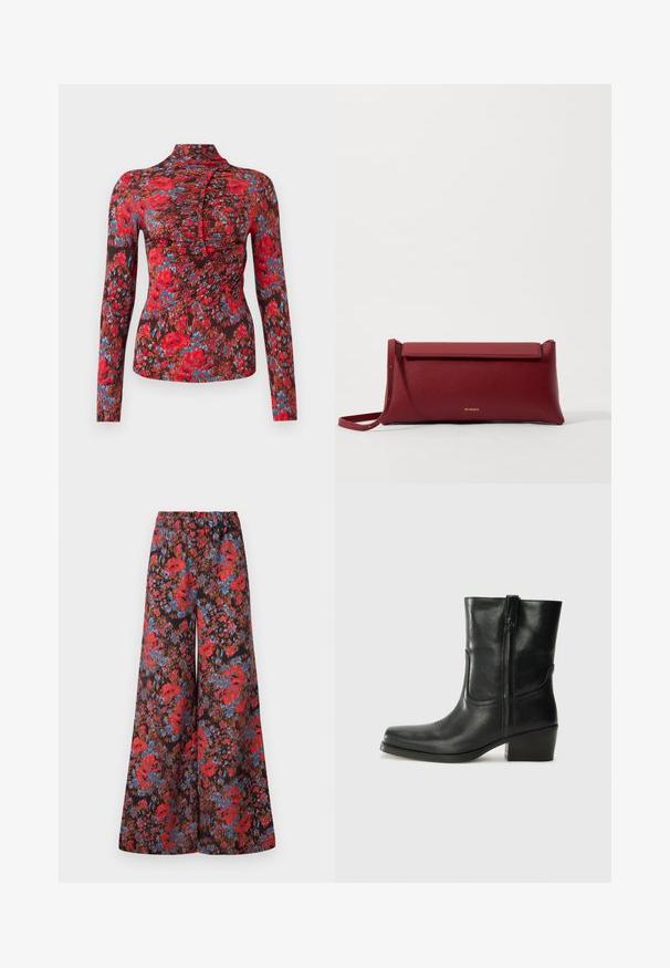 Long-sleeve top in soft fabric featuring a vibrant red, blue, and brown floral pattern. High collar with a ruched design along the front.; Wide-leg trousers featuring a black fabric adorned with a vibrant floral pattern in red and blue, with an elastic waistband for comfort.; Black leather ankle boot with a rounded toe, block heel, side zipper, and stitching accents on the vamp. Smooth texture, classic design.; Red leather clutch bag with a textured finish, featuring a flat fold-over top and a short strap. Subtle brand logo on the front.