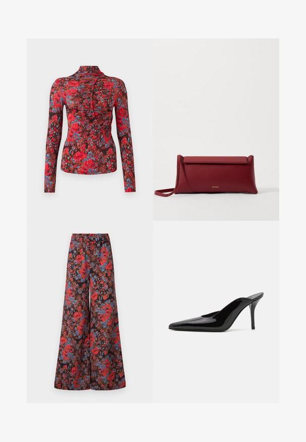 Dlouhý rukáv top z měkké tkaniny se živým květinovým vzorem v červené, modré a hnědé barvě. Vyšší límec s řaseným designem vpředu.; Kalhoty se širokými nohavicemi z černé látky zdobené živým květinovým vzorem v červené a modré barvě, s elastickým pasem pro pohodlí.; Černé lakované kožené muly na vysokém podpatku s špičatou špičkou a elegantním siluetou, s otevřenou zadní částí a štíhlým stiletto podpatkem.; Červená kožená kabelka na ruku s texturovaným povrchem, s plochým sklápěcím vrchem a krátkým popruhem. Jemné logo značky vepředu.