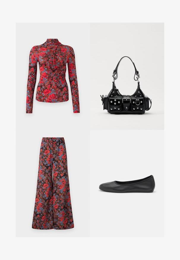 Cămașă cu mâneci lungi dintr-un material moale, având un model floral vibrant în nuanțe de roșu, albastru și maro. Guler înalt cu un design plisat pe partea din față.; Pantaloni largi dintr-un material negru, decorat cu un model floral vibrant în nuanțe de roșu și albastru, având un talie elastica pentru confort.; Balerini din piele neagră, cu vârf rotund, textură netedă, detalii de cusătură minimale și un design al tălpii flexibil.; Geantă de piele neagră cu un design curbat, dotată cu studuri argintii, o cataramă și două buzunare laterale. Curea ajustabilă pentru opțiuni de transport.
