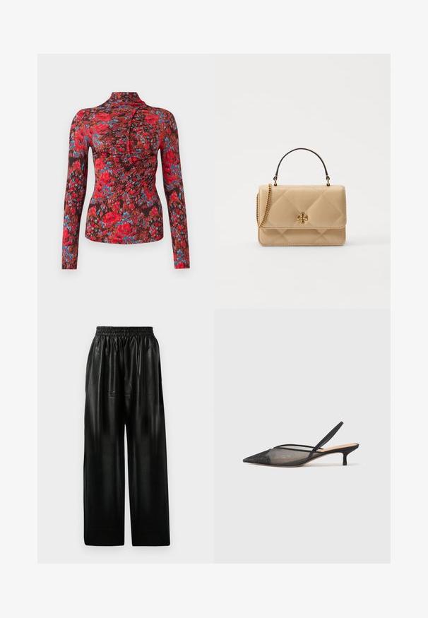 Langärmliges Oberteil aus weichem Stoff mit einem lebhaften rot-blauen-braunen Blumenmuster. Hoher Kragen mit Rüschendesign an der Vorderseite.; Schwarze Leder-Hosen mit weitem Bein und elastischem Bund, ausgestattet mit zwei Seiten Taschen und einer glatten, glänzenden Oberfläche.; NEOUS IRENA - Pumps - black; Gepolsterte beige Lederhandtasche mit goldenen Beschlägen, Kettenriemen und einem oberen Griff. Verfügt über einen vorderen Klappdeckel und ein charakteristisches Logodetail.
